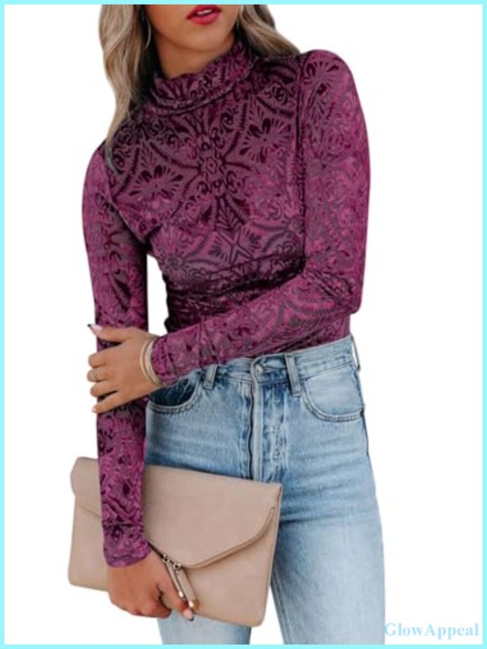 Velvet Burnout See Through Cowl Neck Long Sleeve Blouse Top